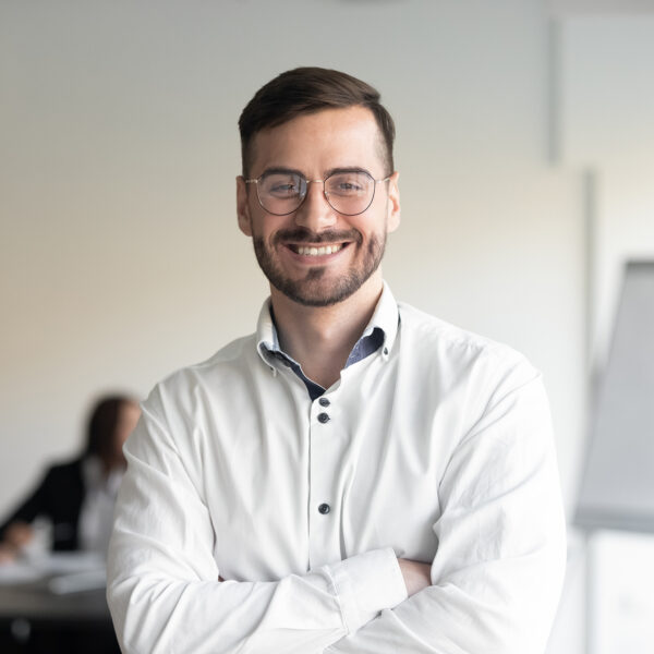 Confident,Smiling,Business,Man,Professional,Coach,Wear,Glasses,Stand,Arms